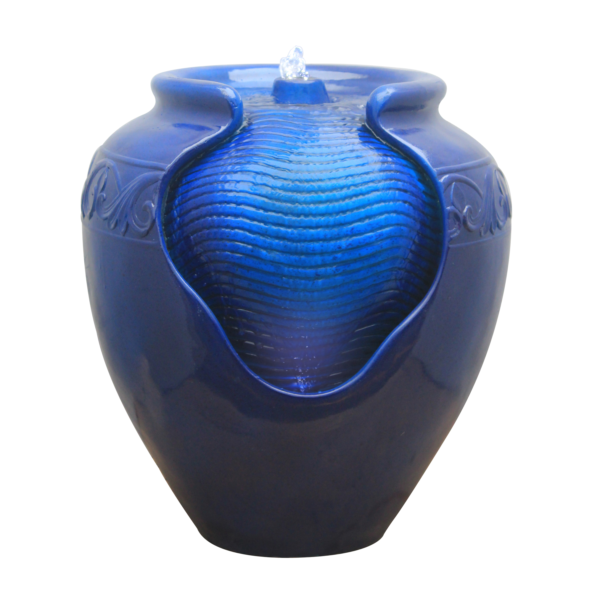 Garden Water Feature Outdoor LED Fountain Hand Glazed Pot Blue Teamson