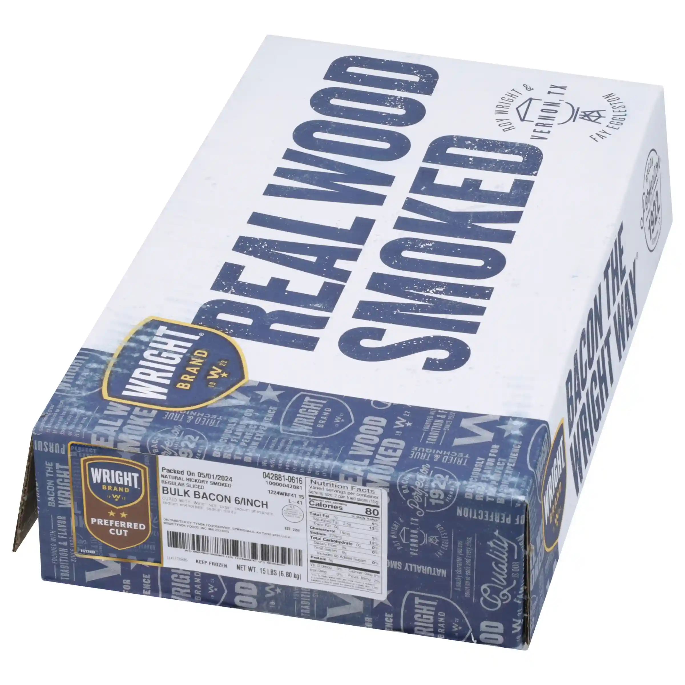 Wright® Brand Naturally Hickory Smoked Regular Sliced Bacon, Bulk, 15 Lbs, 6 Slices/Inch, Frozen_image_5