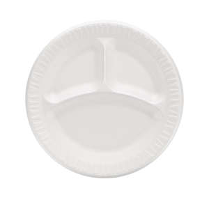 Dart, Quiet Classic Laminated Foam Plates, 3-Compartment Plate, 9" dia, White