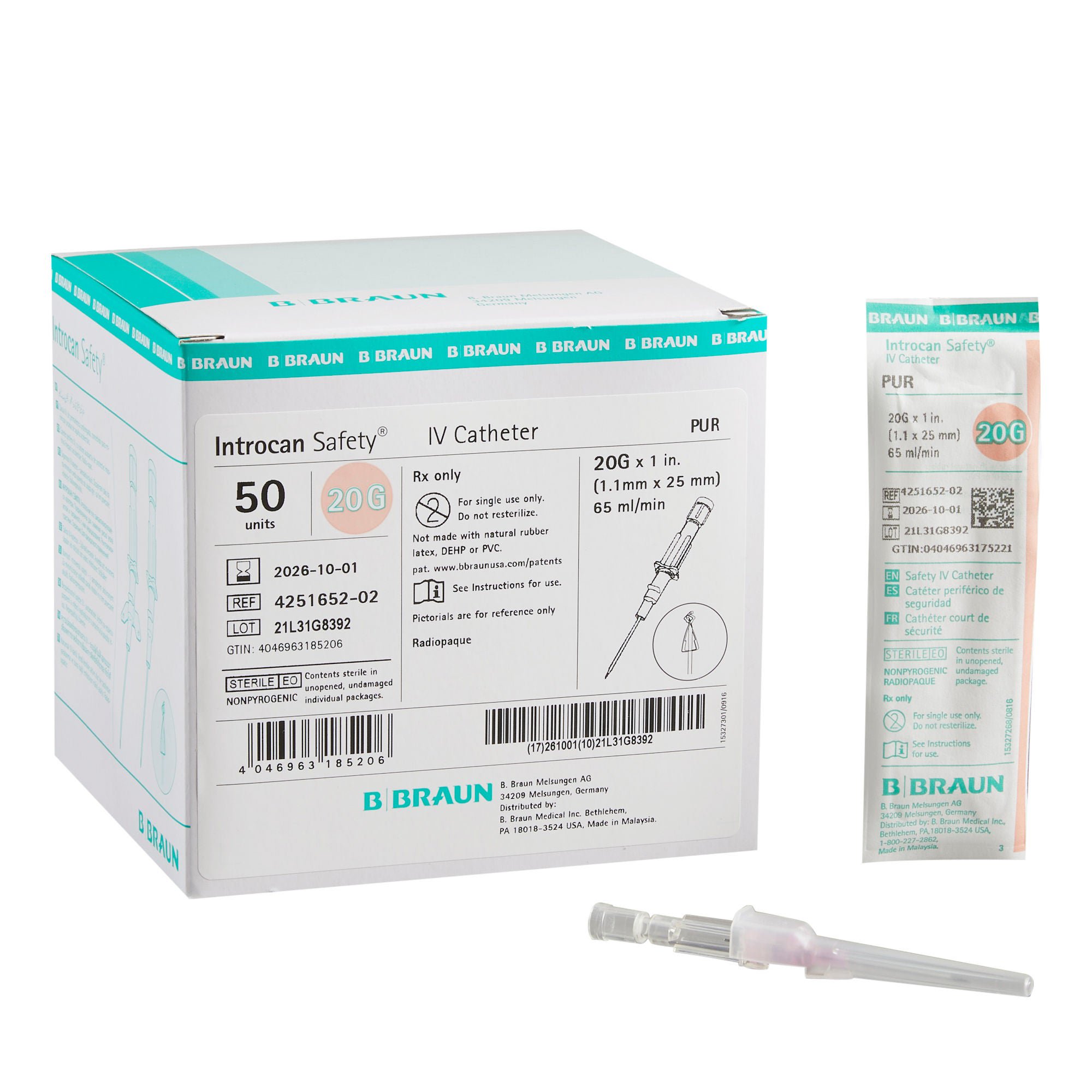 Introcan Safety® Peripheral IV Catheter, 20 Gauge, Straight