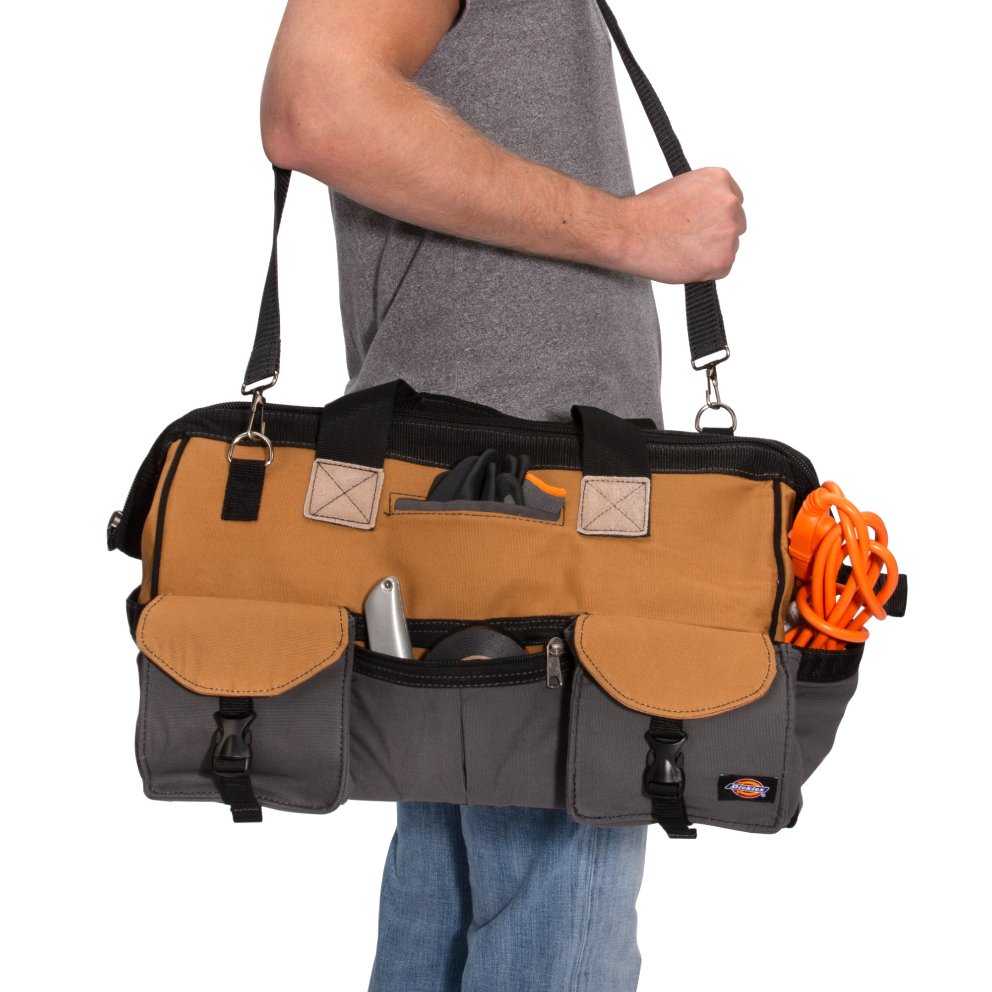 Dickies 18 in. 15 Pocket Work Jobsite Utility Tradesman Tool Bag 57032