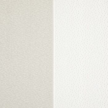 Two vertical curtain panels — left pale beige smooth, right narrow white panel with fine vertical textured pattern — hung side-by-side meeting at center, close-up, soft even lighting.