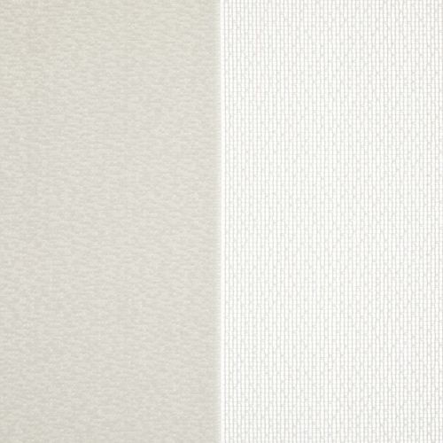 Two vertical curtain panels — left pale beige smooth, right narrow white panel with fine vertical textured pattern — hung side-by-side meeting at center, close-up, soft even lighting.