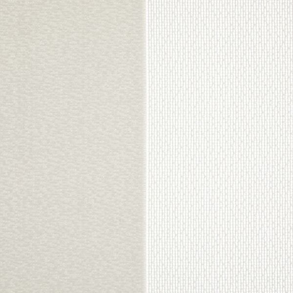 Two vertical curtain panels â€” left pale beige smooth, right narrow white panel with fine vertical textured pattern â€” hung side-by-side meeting at center, close-up, soft even lighting.