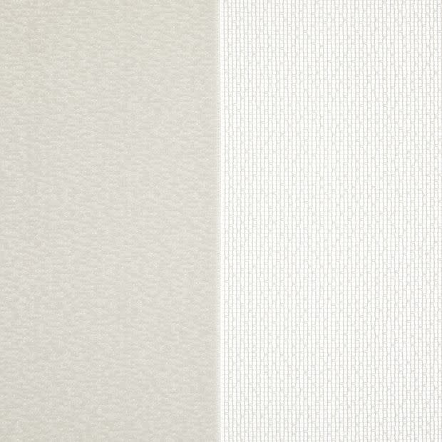 Two vertical curtain panels â€” left pale beige smooth, right narrow white panel with fine vertical textured pattern â€” hung side-by-side meeting at center, close-up, soft even lighting.