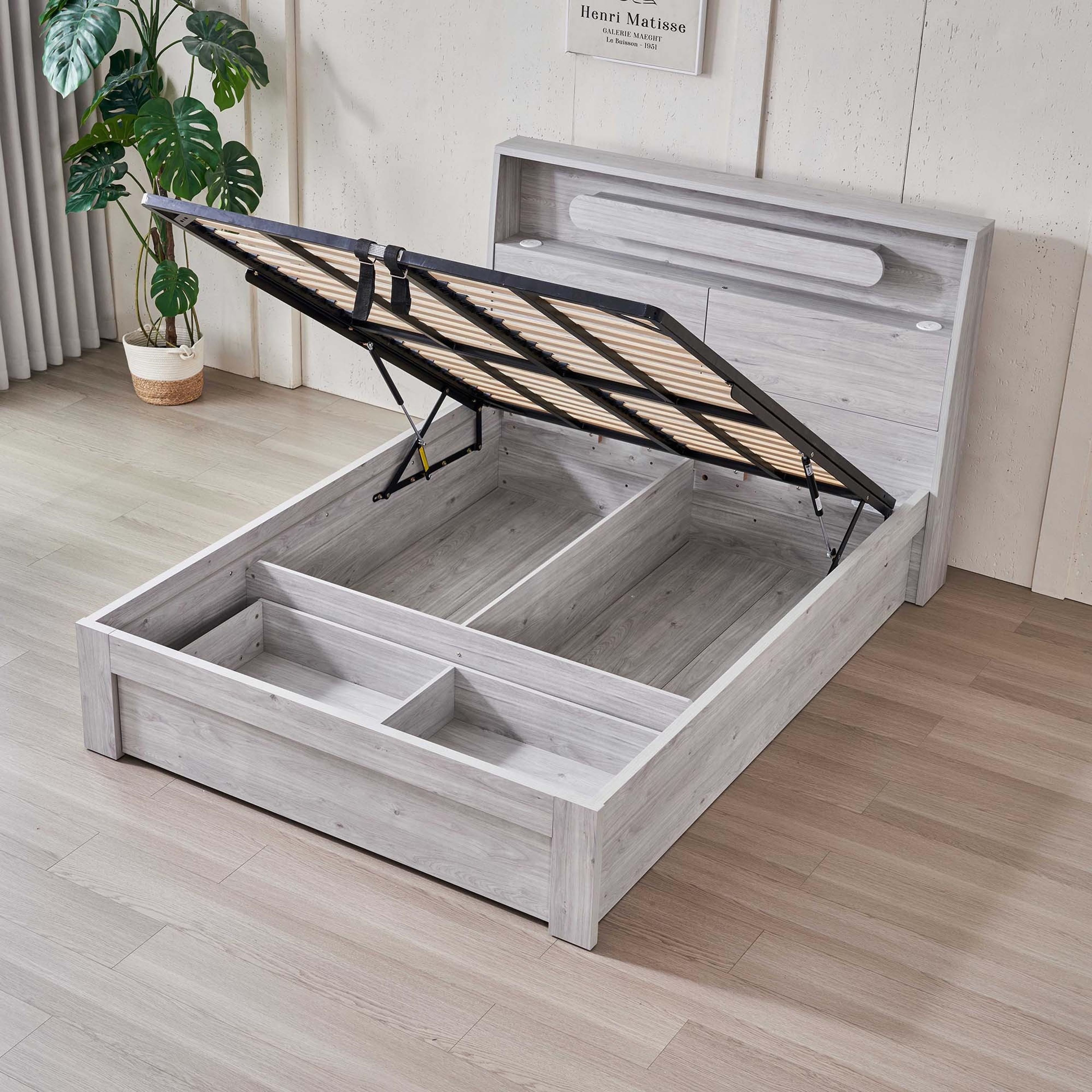Product image of the  Nova Bed Frame, Front Slat Gas Lift & End Drawer Base, Stone Oak from Forty Winks