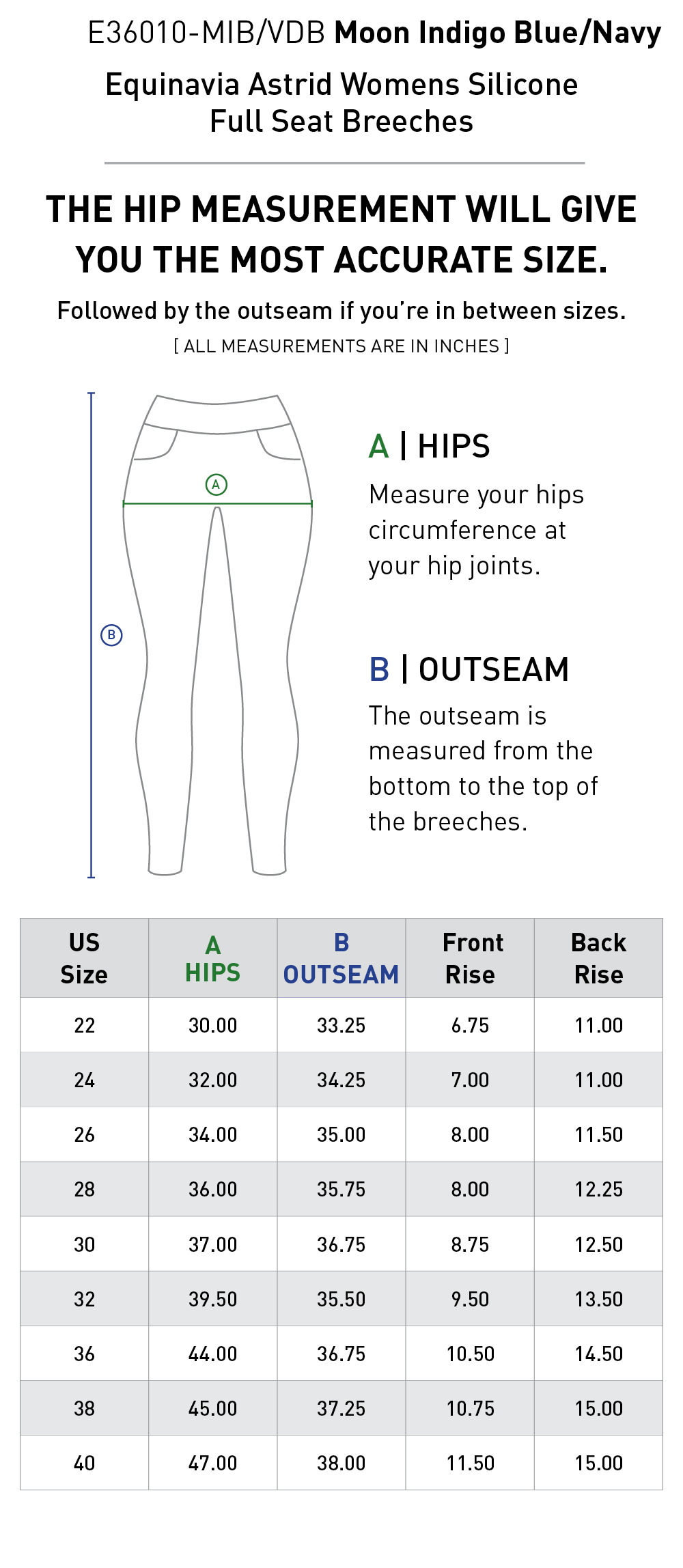 Size chart for Equinavia Astrid Womens Silicone Full Seat Breeches - Moon Indigo Blue/Navy