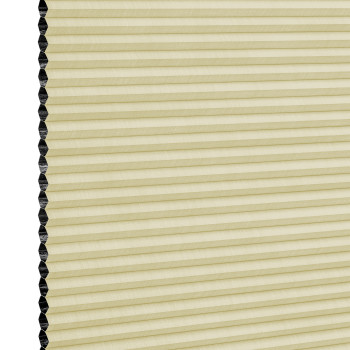 Cellular (honeycomb) window shade, lowered and closed—beige pleated fabric with visible black hexagonal cell edges at left—softly filtering light, shown against a plain white background.