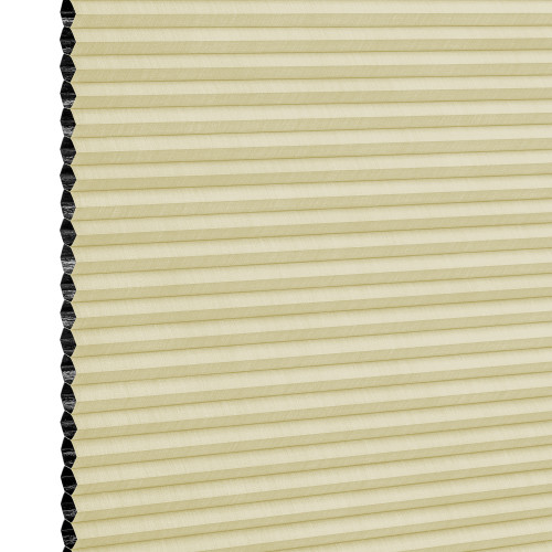 Cellular (honeycomb) window shade, lowered and closedâ€”beige pleated fabric with visible black hexagonal cell edges at leftâ€”softly filtering light, shown against a plain white background.
