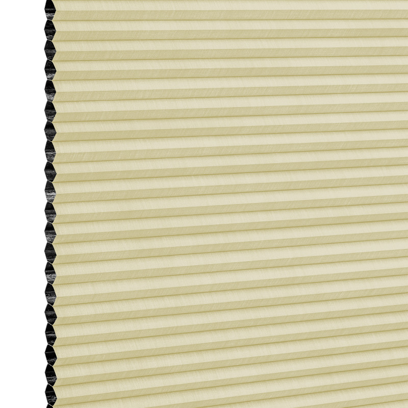 Cellular (honeycomb) window shade, lowered and closedâ€”beige pleated fabric with visible black hexagonal cell edges at leftâ€”softly filtering light, shown against a plain white background.