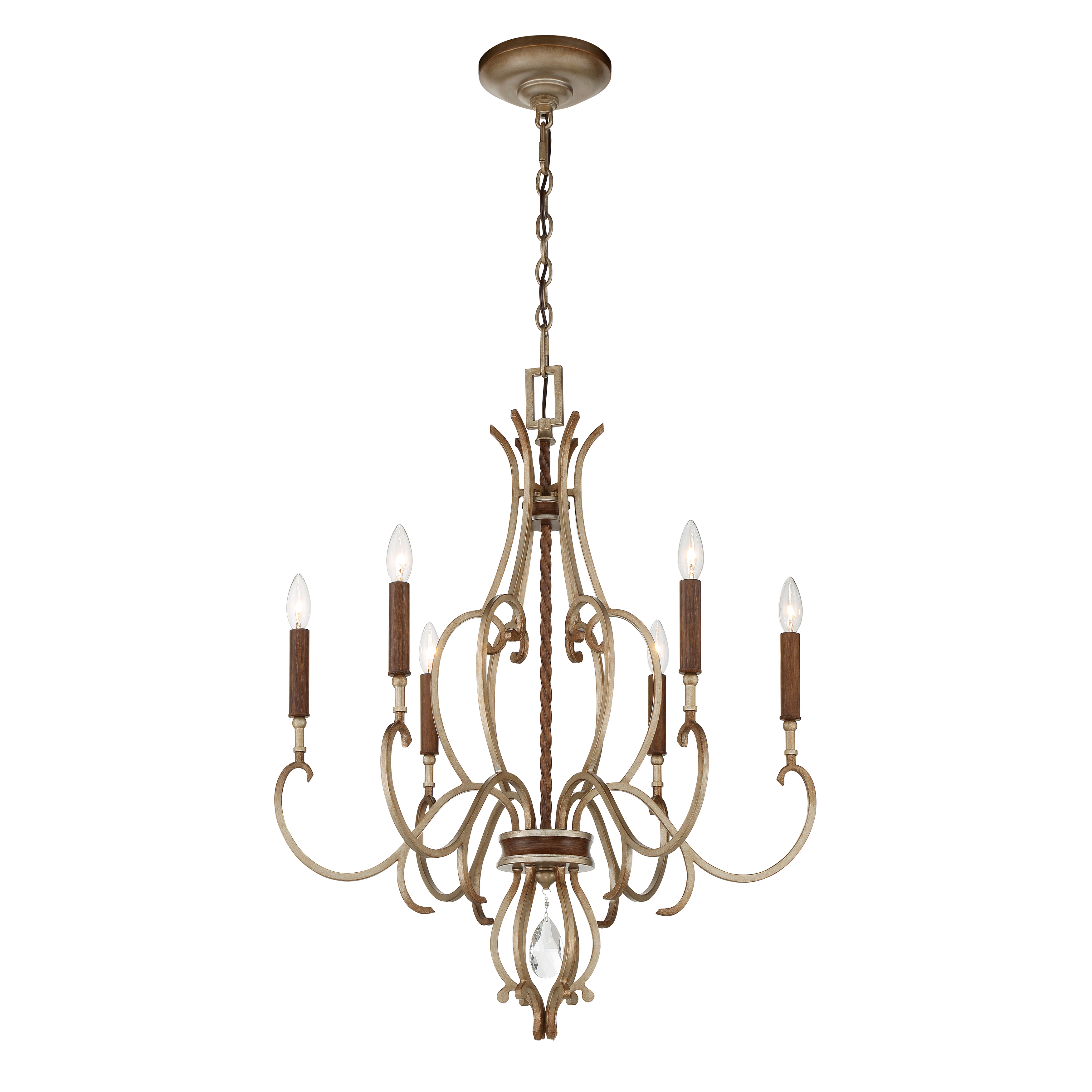 The Magnolia Manor chandelier combines pale gold and distressed bronze finishes with crystal accents for a sophisticated traditional look. Its 6-light candelabra design provides ample illumination while the 26.5-inch width makes it versatile for medium-sized spaces. - alternate view