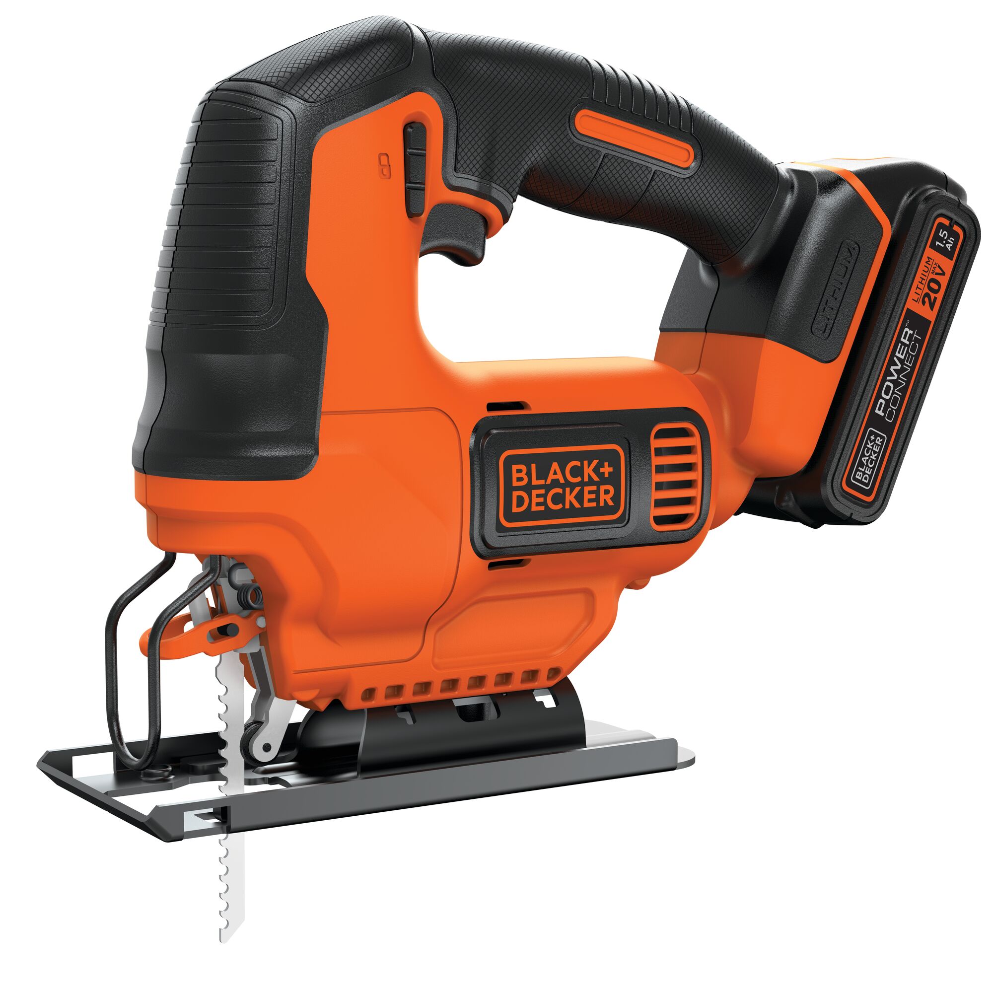 Profile of Black and Decker 20 volt max cordless jigsaw.