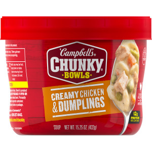 Campbell’s® Chunky® Soup, Creamy Chicken and Dumplings Soup, 15.25 oz Microwavable Bowl (Case of 8)