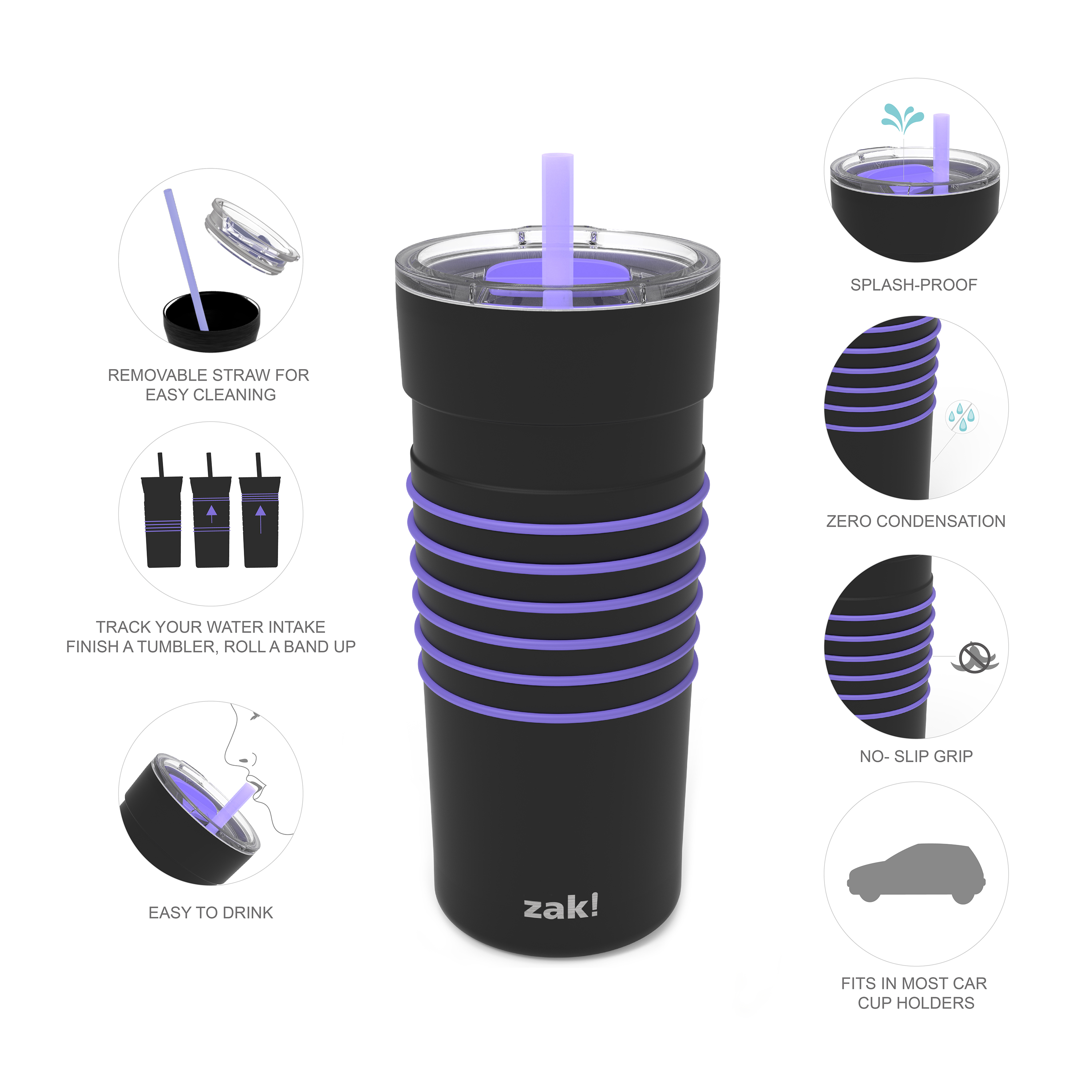 HydraTrak 20 ounce Vacuum Insulated Stainless Steel Tumbler, Black with Purple Rings slideshow image 4 HydraTrak 20 ounce Vacuum Insulated Stainless Steel Tumbler, Black with Purple Rings slideshow image 4