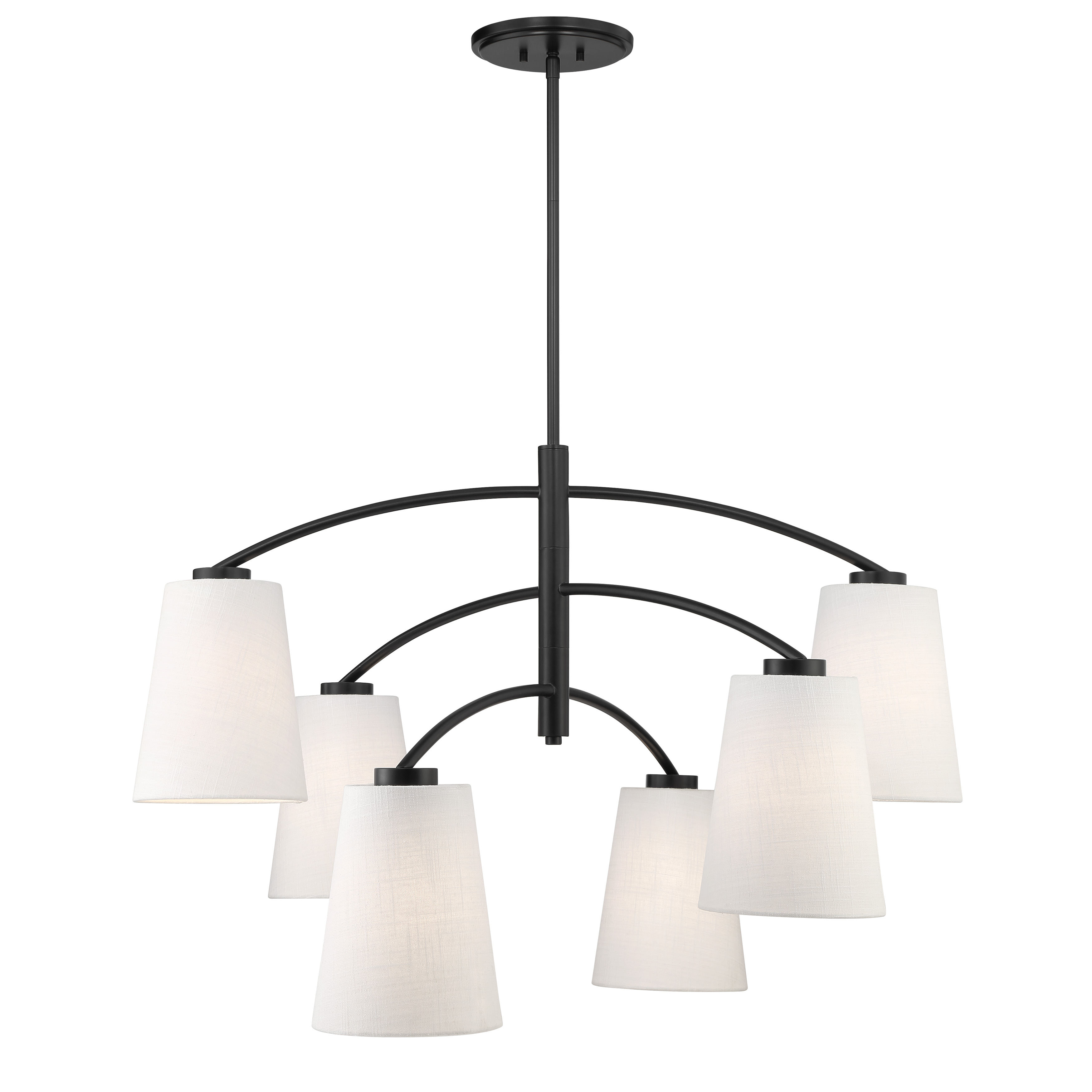 The Headington chandelier combines sleek coal black steel with crisp white linen shades for a striking modern aesthetic. Its 40-inch linear design makes it perfect for dining tables and kitchen islands. - alternate view
