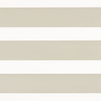 Horizontal striped roller blind spanning the frame with alternating opaque beige and translucent white bands, blocking and filtering light, set against a bright, minimal interior.
