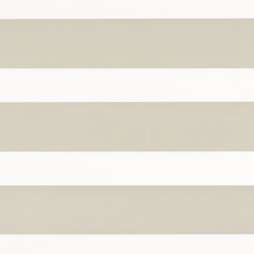 Horizontal striped roller blind spanning the frame with alternating opaque beige and translucent white bands, blocking and filtering light, set against a bright, minimal interior.