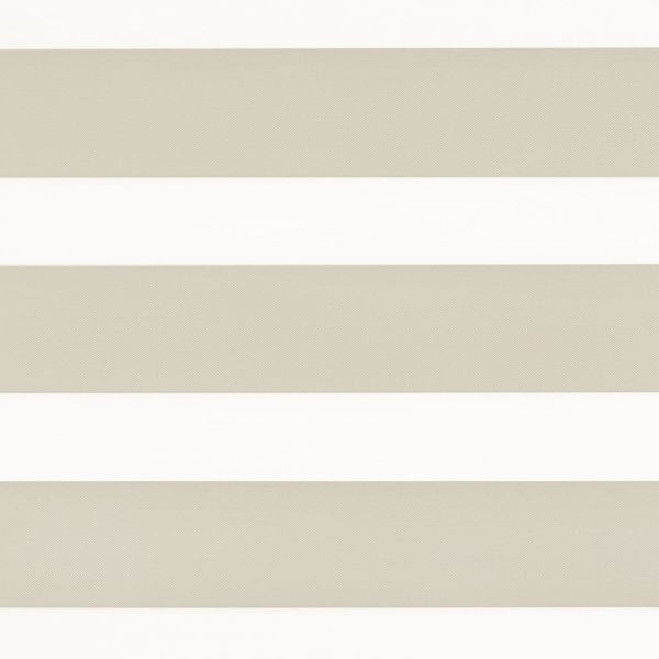 Horizontal striped roller blind spanning the frame with alternating opaque beige and translucent white bands, blocking and filtering light, set against a bright, minimal interior.