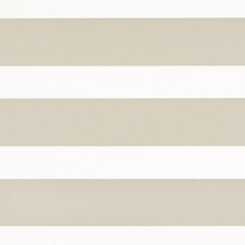 Horizontal striped roller blind spanning the frame with alternating opaque beige and translucent white bands, blocking and filtering light, set against a bright, minimal interior.