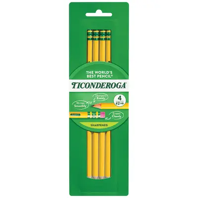 Ticonderoga Wood-Cased Pencils, Pre-Sharpened, #2 HB Soft, Yellow, 4 Count