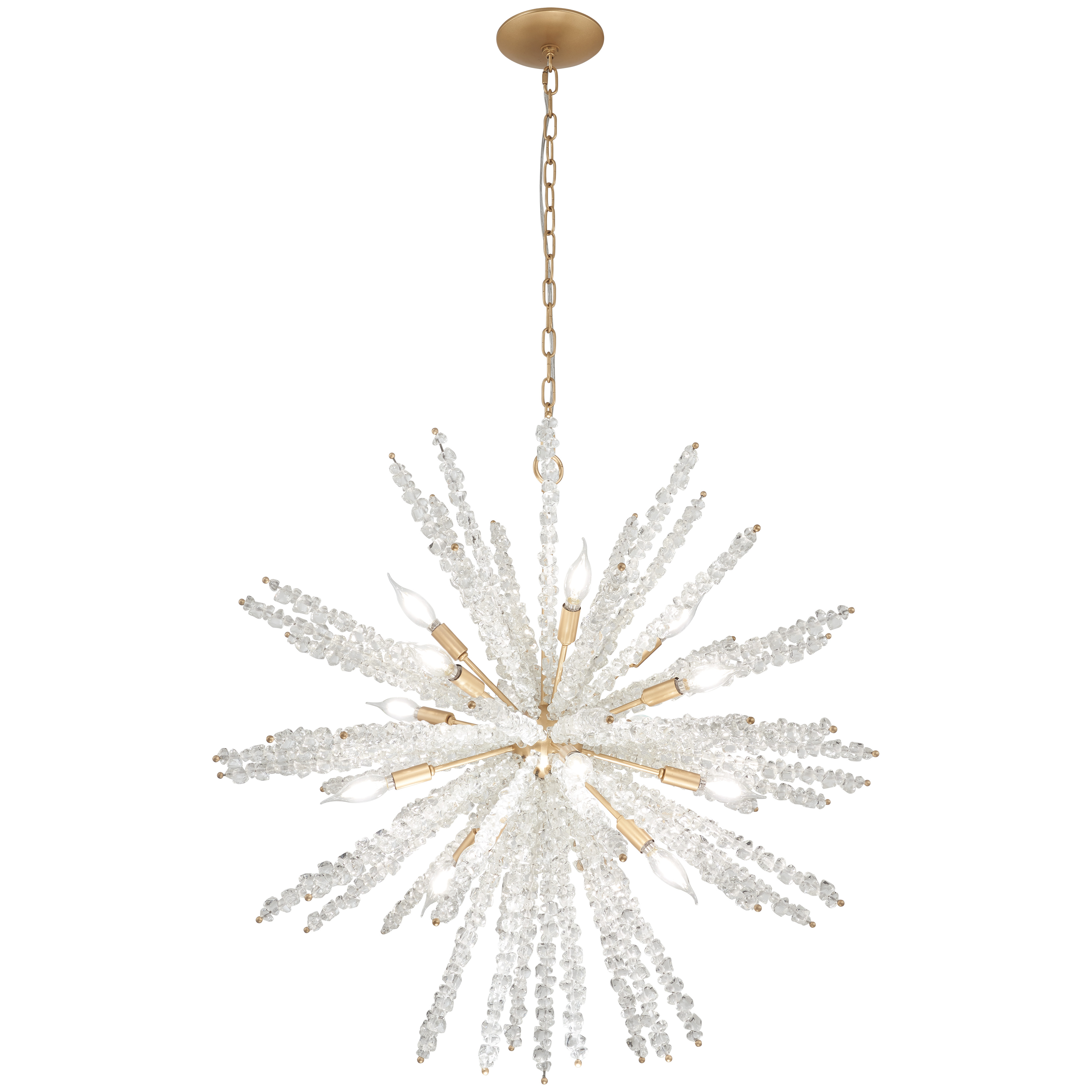 The Aisi pendant combines contemporary design with organic coastal charm through its clear sea glass shades and warm Fawn Gold finish. At 36 inches wide, this substantial fixture creates dramatic impact in large spaces. - alternate view