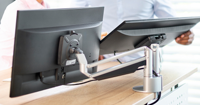 The unique, flexible arm design allows monitors to be displayed against a wall or in tight spaces.