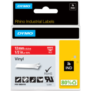 DYMO&reg; Rhino Industrial Vinyl Labels, 1/2", White Print on Red Tape