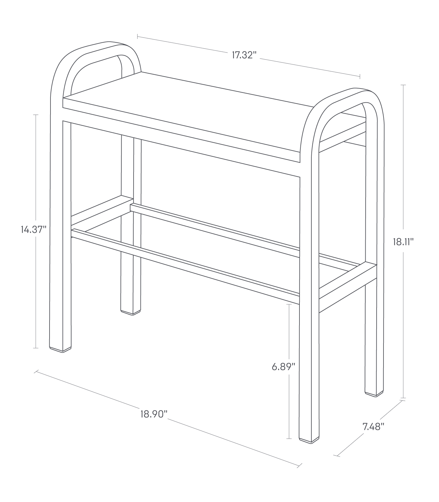 Dimension Image for Shoe Organizer on a white background showing height of 18.11 inches, width of 18.9 inches, length of 7.48 inches, 6.89 inches between floor and middle rack, 14.37 inches from floor to top rack, and 17.32 inches internal width of top rack.