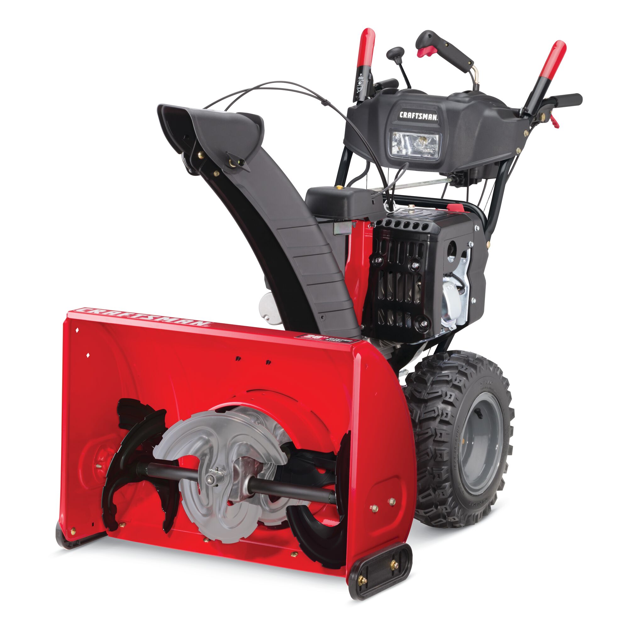 Right profile of 28 inch 357 CC electric start three stage snow blower.
