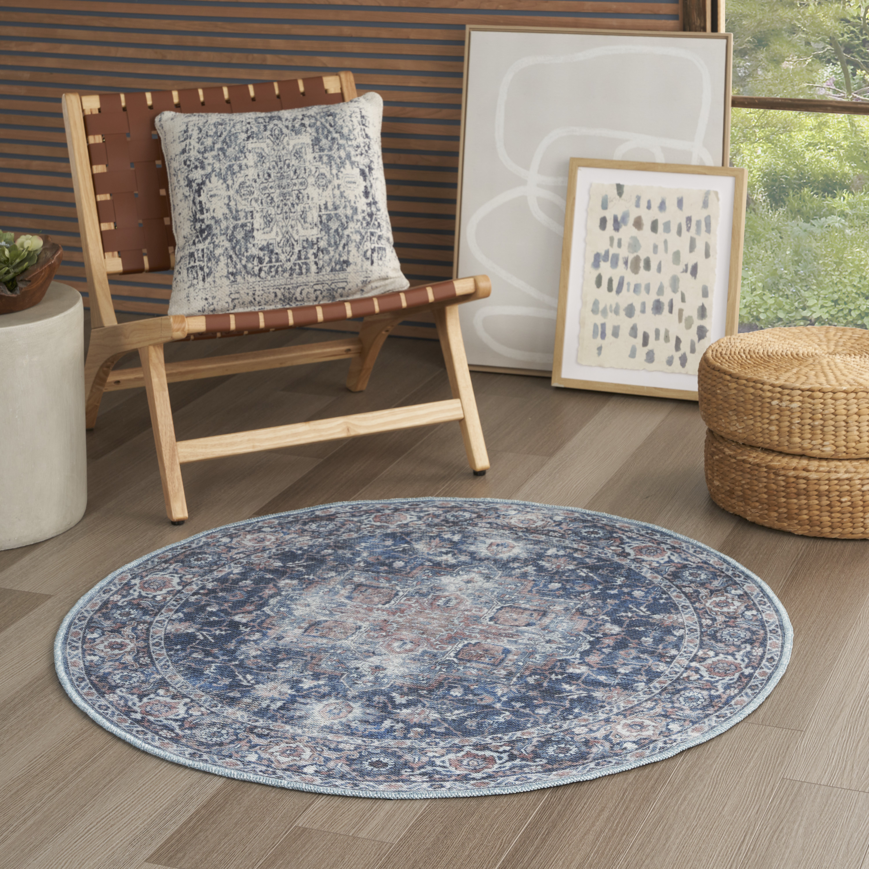 Nourison New Concept Washables 4' x Round Ivory Navy Vintage Indoor Rug