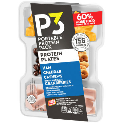 P3 Portable Protein Plate w/ Ham, Cashews, Cheddar Cheese & Dark Chocolate Cranberries, 3.2 oz Tray