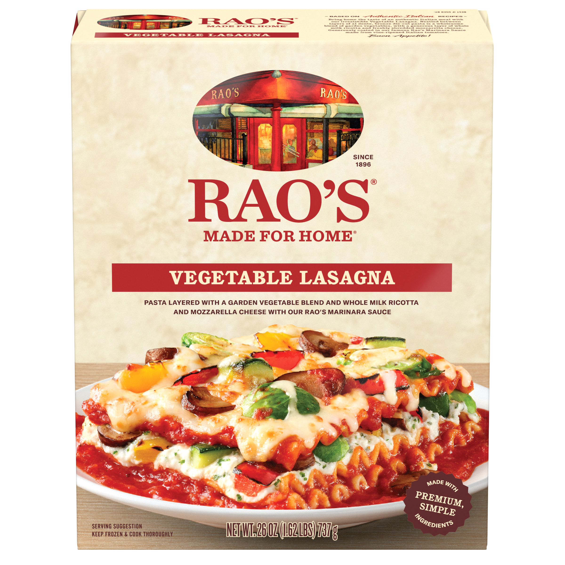 Vegetable Lasagna with Marinara Sauce Frozen Meal, 26 oz - Back Image