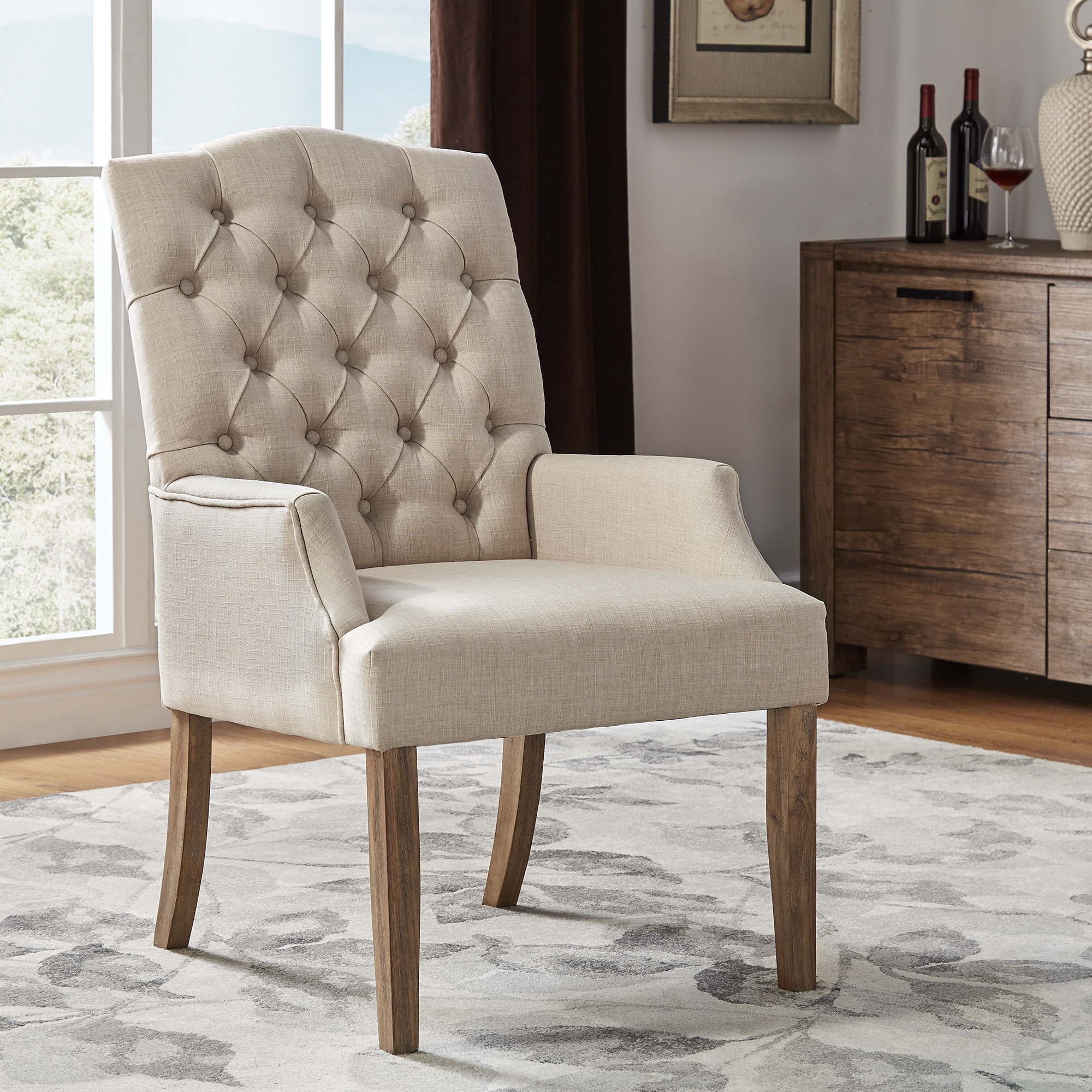 Light Distressed Natural Finish Linen Tufted Dining Chair