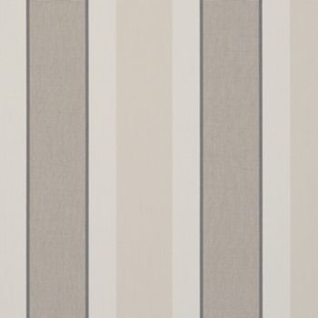 Vertical striped wallpaper with alternating wide beige and textured gray panels, separated by thin dark borders and narrow off-white stripes; covers a wall, forming a neutral, softly lit interior backdrop.