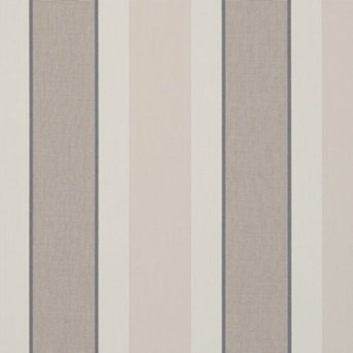 Vertical striped wallpaper with alternating wide beige and textured gray panels, separated by thin dark borders and narrow off-white stripes; covers a wall, forming a neutral, softly lit interior backdrop.