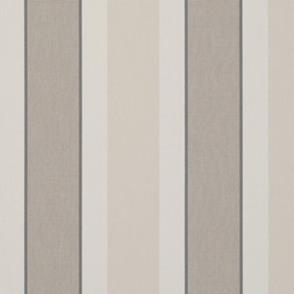 Vertical striped wallpaper with alternating wide beige and textured gray panels, separated by thin dark borders and narrow off-white stripes; covers a wall, forming a neutral, softly lit interior backdrop.