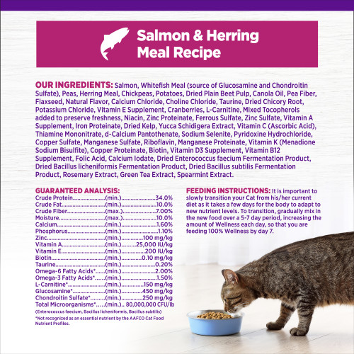 <p>Salmon, Whitefish Meal (source of Glucosamine and Chondroitin Sulfate), Peas, Herring Meal, Chickpeas, Potatoes, Dried Plain Beet Pulp, Canola Oil, Pea Fiber, Flaxseed, Natural Flavor, Calcium Chloride, Choline Chloride, Taurine, Dried Chicory Root, Potassium Chloride, Vitamin E Supplement, Cranberries, L-Carnitine, Mixed Tocopherols added to preserve freshness, Niacin, Zinc Proteinate, Ferrous Sulfate, Zinc Sulfate, Vitamin A Supplement, Iron Proteinate, Dried Kelp, Yucca Schidigera Extract, Vitamin C (Ascorbic Acid), Thiamine Mononitrate, d-Calcium Pantothenate, Sodium Selenite, Pyridoxine Hydrochloride, Copper Sulfate, Manganese Sulfate, Riboflavin, Manganese Proteinate, Vitamin K (Menadione Sodium Bisulfite), Copper Proteinate, Biotin, Vitamin D3 Supplement, Vitamin B12 Supplement, Folic Acid, Calcium Iodate, Dried Enterococcus faecium Fermentation Product, Dried Bacillus licheniformis Fermentation Product, Dried Bacillus subtilis Fermentation Product, Rosemary Extract, Green Tea Extract, Spearmint Extract.<br />
This is a naturally preserved product<br />
Manufactured in a facility that also processes grains</p>
