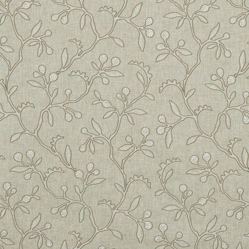 Linen-like wallpaper swatch, flat, embroidered with a repeating vine-and-berry motif; it decorates a surface with subtle texture and muted beige-gray tone under even lighting.