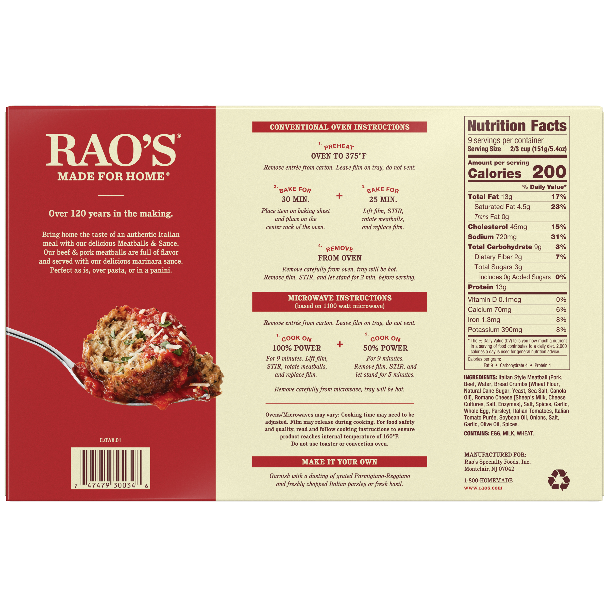 Meatballs & Sauce Frozen Meal, 48 oz - Back Image