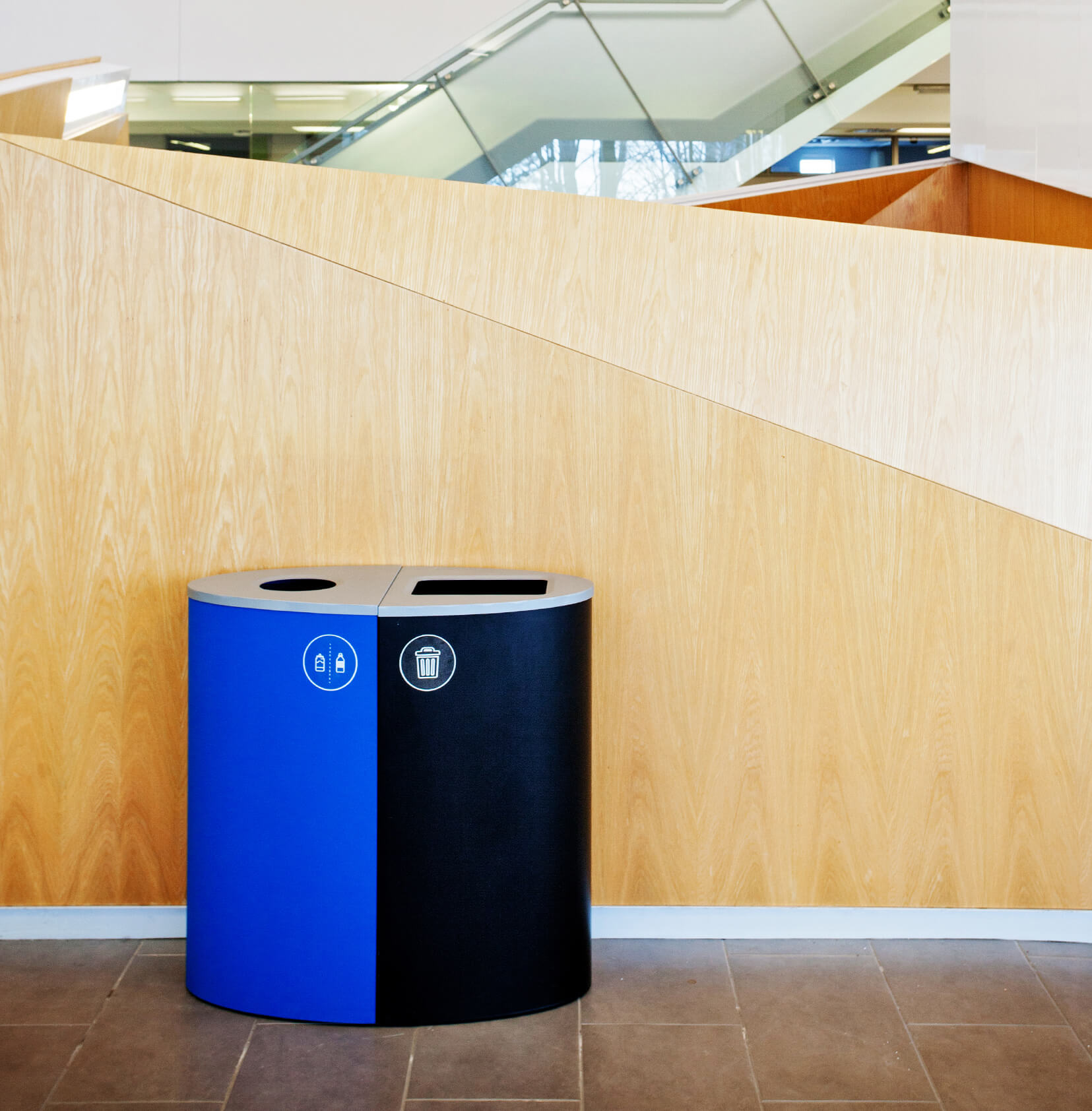 recycling and waste modular bins made from durable powder coated steel placed in a medical center