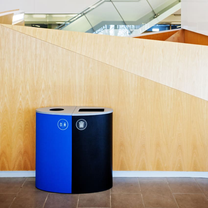 recycling and waste modular bins made from durable powder coated steel placed in a medical center