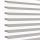 Zebra-style roller blinds, horizontal alternating sheer and opaque taupe stripes across a vertical window, aligned and partly open, filtering soft daylight against a bright white background in a close-up shot.