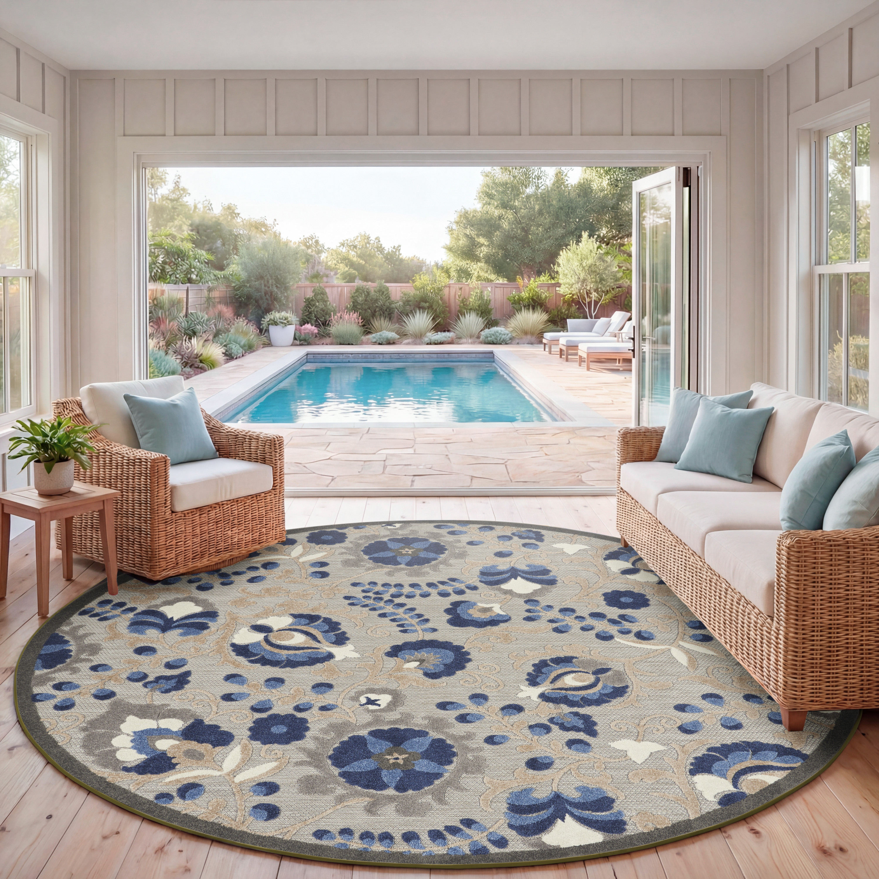 Nourison Aloha 7'10" x Round Natural Blue Farmhouse Rug