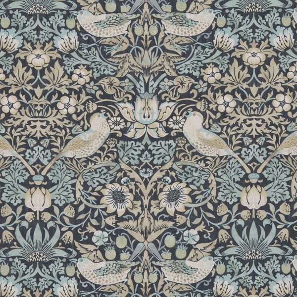 Damask-style fabric or wallpaper with stylized birds, tulips, and scrolling foliage printed in mirrored repeating pattern — muted teal, beige and cream on dark background, intended as wall covering or upholstery.