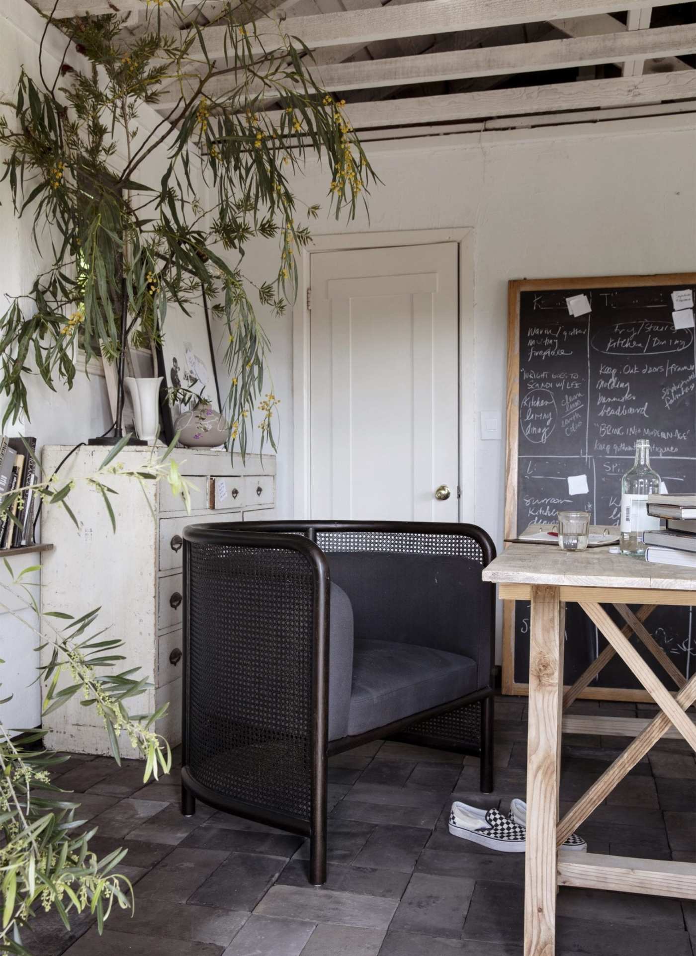 a room with a table, chairs, and a plant.