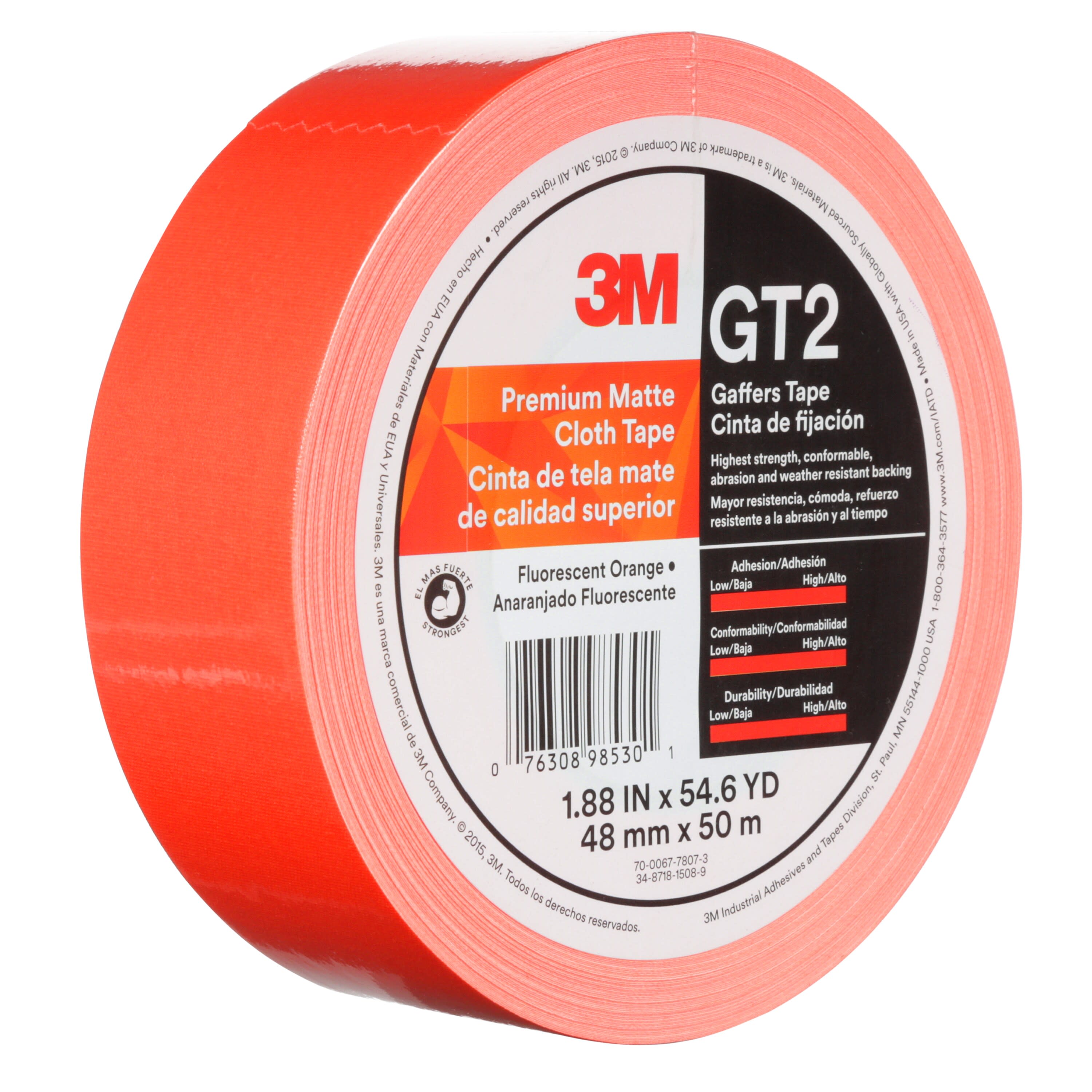 3M™ Premium Matte Cloth (Gaffers) Tape GT2, Fluorescent Orange, 48 mm x
50 m, 11 mil, 24 per case