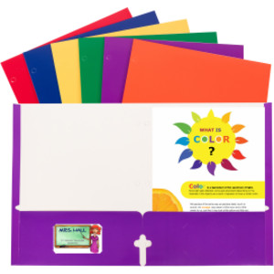 2-Pocket Laminated Paper Folder with 3-Hole Punch, Assorted Primary Colors, Pack of 50
