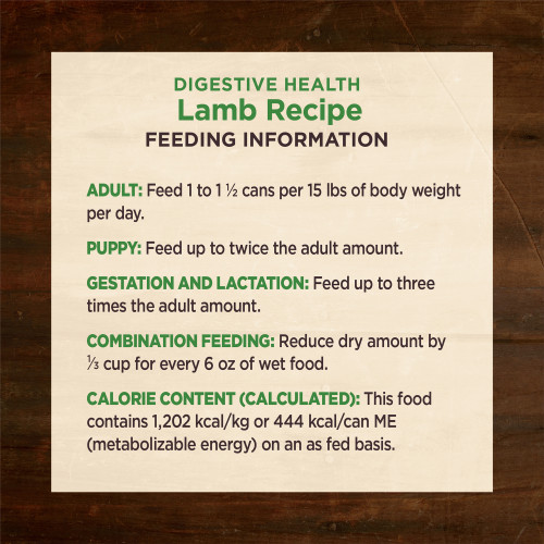 <p>Amount of food required will depend on activity, age, environment<br />
and breed.  Feed at room temperature and refrigerate unused portion.  Always provide access to clean, fresh water.<br />
Adult: Feed 1 to 1 ½ cans per 15 lbs of body weight per day.<br />
Puppy: Feed up to twice the adult amount.<br />
Gestation and Lactation: Feed up to three times the adult amount.<br />
Combination Feeding: Reduce dry amount by ⅓ cup for every 6 oz of wet food.</p>
