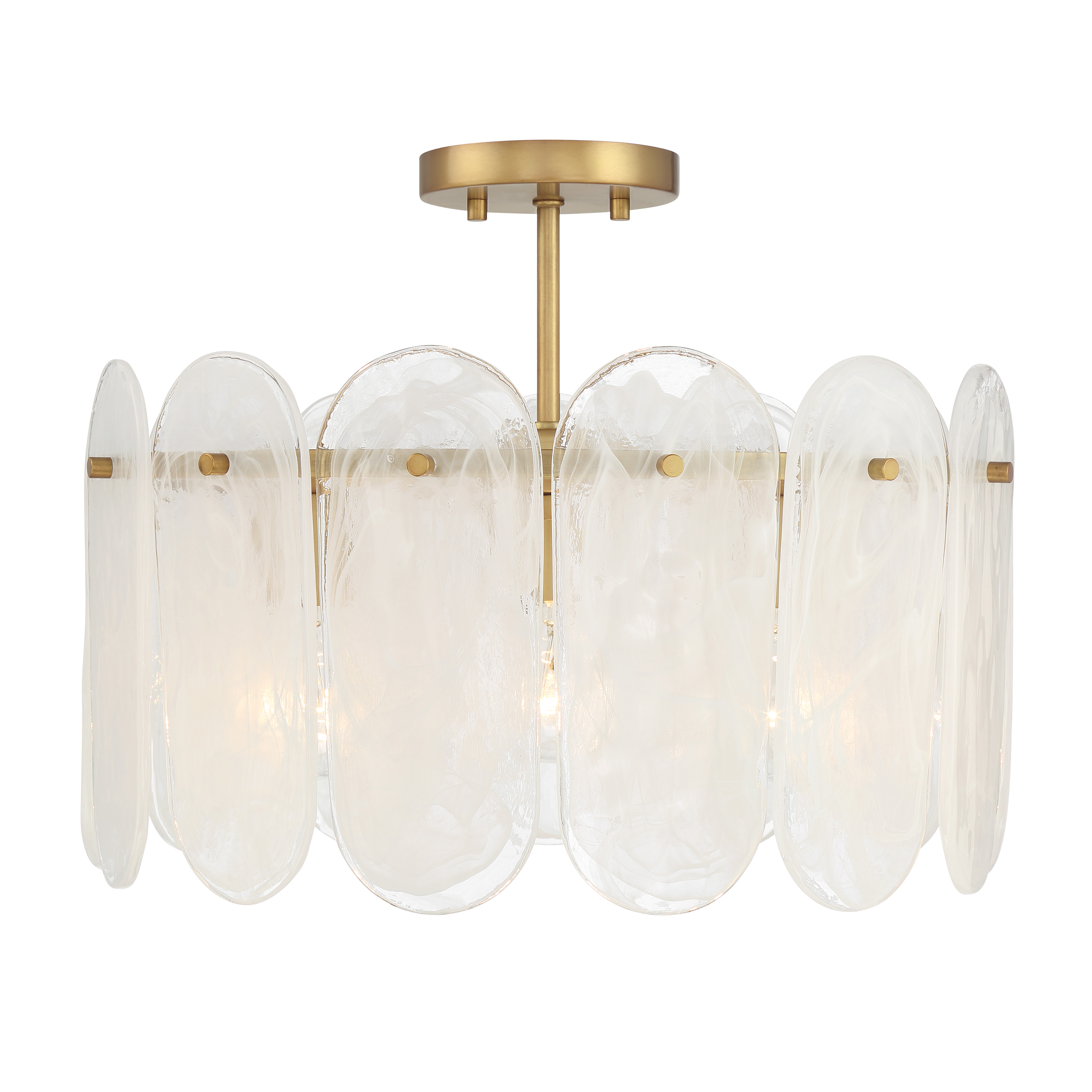 The Oldmill semi-flush combines traditional elegance with transitional versatility. Its Legacy Brass finish and alabaster glass shades create warm, diffused lighting perfect for lower ceilings and intimate spaces. - alternate view