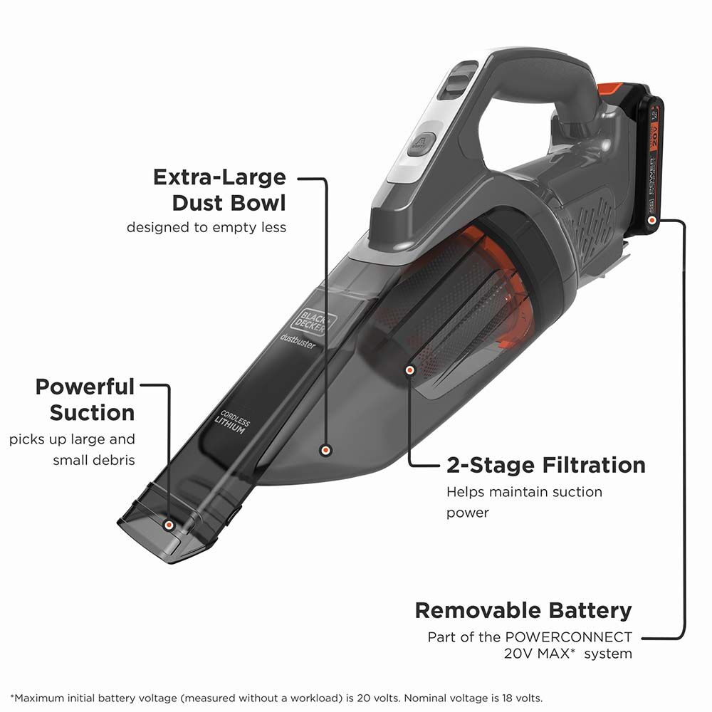 Product walkaround of the Black and Decker Dustbuster 20V MAX* POWERCONNECT Cordless Handheld Vacuum